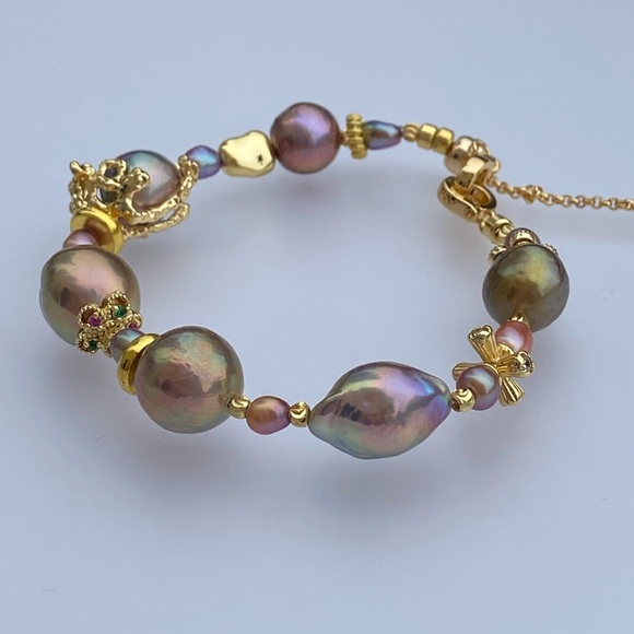 B50-Handmade High End Edison Pearl And Avocado Pearl Bracelet - Picture 2 of 8